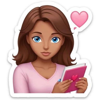 female writer happy, brown hair and blue eyes writing a light pink romance novel with heart sticker
