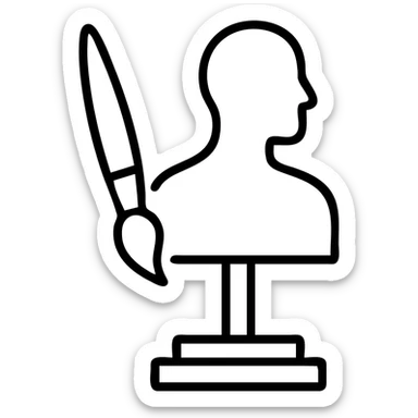 A paintbrush morphing into a metal human sculpture silhouette, symbol of artistic identity, on a display stand sticker