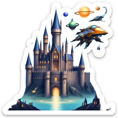 Icon for Fantasy and Sci-Fi Movies: A magical collage with flying dragons. futuristic spaceships and UFOs. Stars and planets shimmer in the background with a mystical castle Hogvards an ancient wizard and robots. The atmosphere is epic, otherworldly and adventurous. Transparent background. sticker