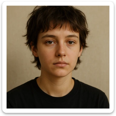 realistic portrait of a young person with short tousled brown hair, light skin, neutral expression, inspired by the reference image sticker