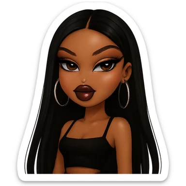 pretty Bratz baddie with black straight hair, brown skin, pretty makeup, dark brown eyes sticker