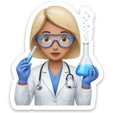 A person wearing safety goggles, a stethoscope, and a white coat. They are wearing blue protective gloves. In their hand, they are holding a test tube containing chemicals. sticker