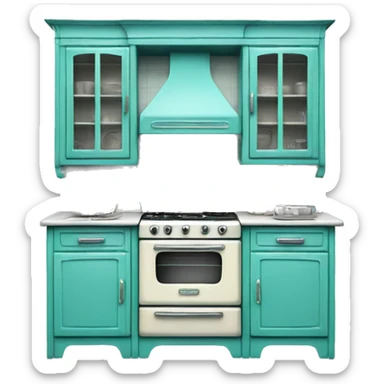 Isolated full length Realistic turquoise vintage retro kitchen range with cabinets and counters. sticker