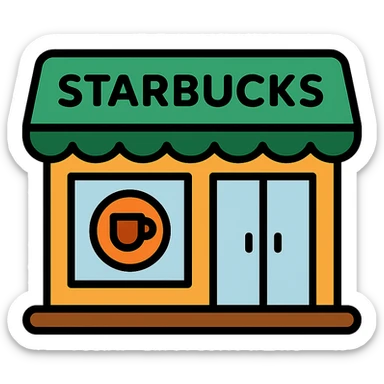 Starbucks storefront, green awning, coffee shop, minimal style sticker