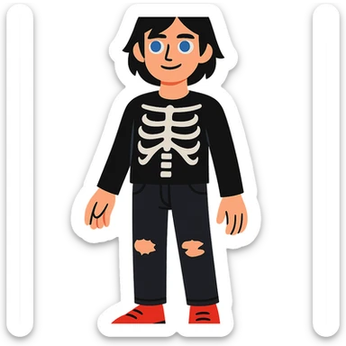 black-haired, blue-eyed person wearing a black skeleton top and ripped black jeans sticker