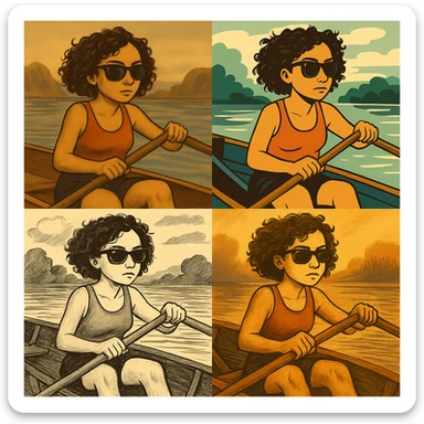 Kıvırcık saçlı, kürek çeken kızın güneş gözlüğü takmasını sağla sticker