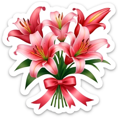 Shell Pink color lilies bouquet and silk ribbon of Scarlet color sticker