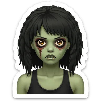 a female zombie with sage green skin, black long afro afro hair with bangs, and a black tank top  sticker