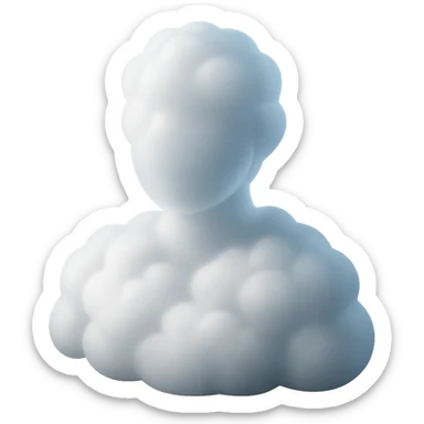 person made entirely of white fluffy convex clouds, shoulder up, front view, matte glass style sticker