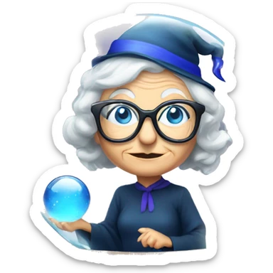 smart granny witch with glasses and blue hat in crystal ball sticker
