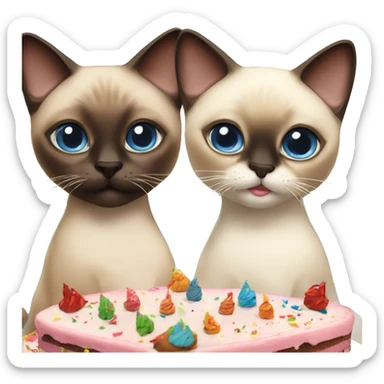 two siamese cats at a birthday party eating cake sticker