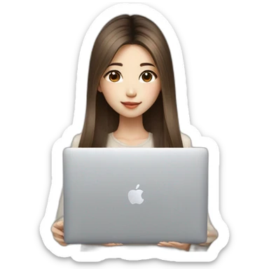 brown balayage straight long Hair korean girl with macbook sticker
