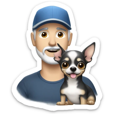 Handsome blue eyed man, with grey hair,  and grey goatee beard, wearing ball cap, holding a black long hair chihuahua  sticker