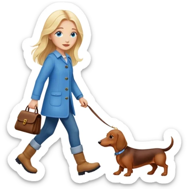blonde girl with long hair and blue eyes walking with a dachshund sticker