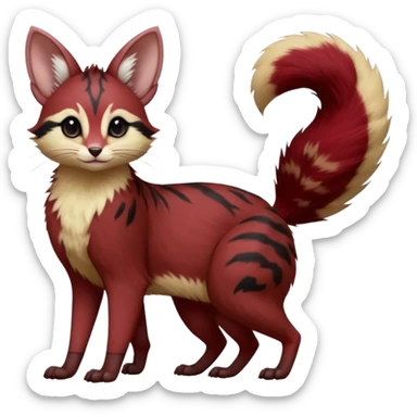 Maroon-Red, black-pointed, soft natural realistic romantic vintage antique divine beautiful elegant pretty precious cute young youthful  Fakémon-Pokémon-opossum-feline-mouse-serval-caracal-chinchilla-Minccino-Cinccino-Meowstic-rodent-hybrid-creature with a big fluffy bushy tail (full body) sticker