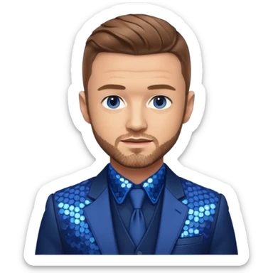 Justin Timberlake with light brown hair, blue eyes, sequin navy blue suit jacket sticker