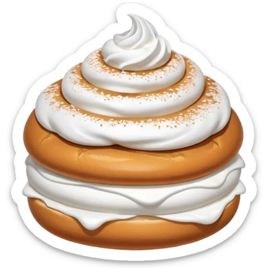 A bun with visible whipped cream in the middle beteween two bun halves and powdered sugar on top, no cream on top sticker