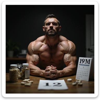 realistic muscular bodybuilder man with dry and defined muscles, concentrated expression, table with supplements and vials, calendar with 12 months behind, dimly lit gym background with intense lighting, face marked by fatigue sticker