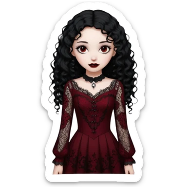 A girl with a dark red goth vampire look in a goth lace dress with long sleeves longer black curly hair sticker