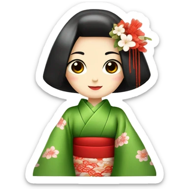 Geisha. kimono rojo. ojos verdes. Cabello castaño claro. ceremonia del té  sticker