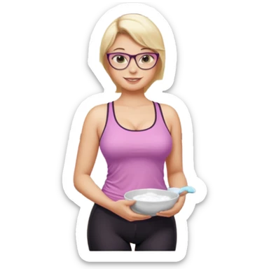 Seductive, Curvy fair skinned woman, short blond hair, small light purple reading glasses, washing dishes, SFW sheer pink tank top, without undergarments showing natural breast shape SFW, black yoga pants, thick booty sticker