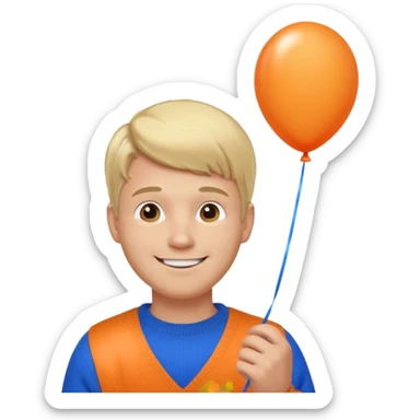 white skin, blonde hair man, orange sweater, hold blue balloon sticker