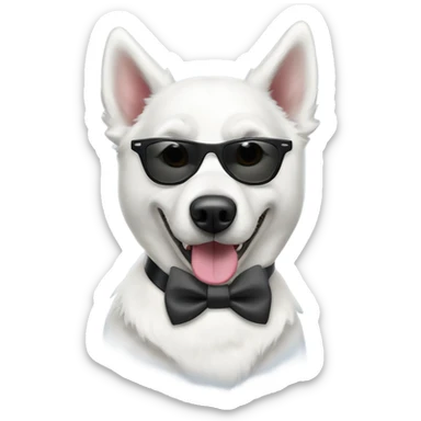 All-White husky dog wearing sunglasses and a bow tie sticker