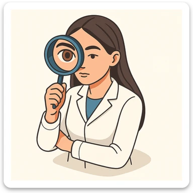 Front view of a female doctor with dark long straight hair and detailed brown eyes (not just dots), wearing a white coat, in 2D isometric style with a minimalist background. She is looking straight into the camera through a magnifying glass, with one eye enlarged and distorted like a fisheye lens. Appearance matches the reference. sticker
