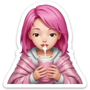 girl with pink hair inside a pink blanket sipping strawberry latte eyes closed emoji to use or share on Discord and Slack. sticker