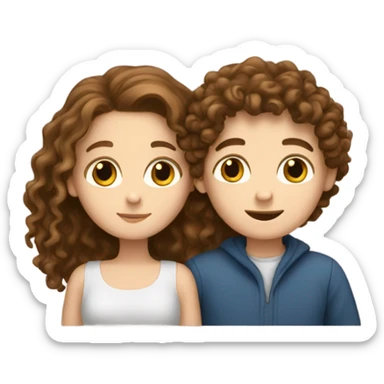 white girl with brown long curly hair and white boy with brown short curly hair hugging sticker