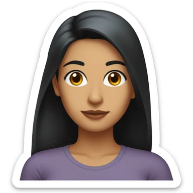 A head and shoulders shot of a 33 year old South Asian woman, with long black hair,   with brown eyes wearing a t-shirt. sticker