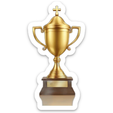 royal big empty Christian trophy for the winner with a cross on royal background  with number 1 sticker
