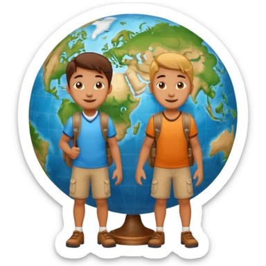 Two happy travelers with backpacks standing on a globe sticker