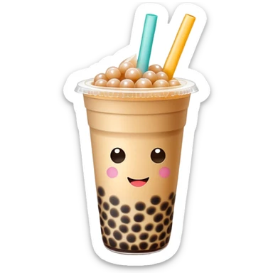 Bubble Tea with tapioca pearls and wide straw in cup, simplified emoji style with bold outlines and bright colors, cartoon style Taiwan popular drink Boba sticker