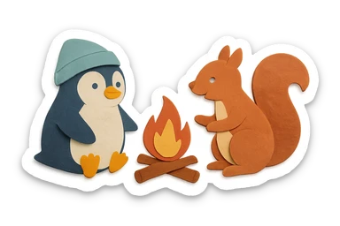 Pinguin und Eichhörnchen beim Campen, Papierbastel-Stil, Lagerfeuer sticker