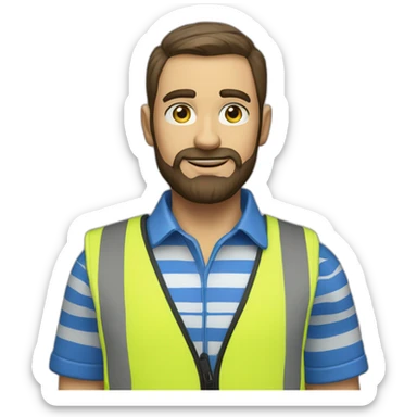 Ikea manager blue eyes beard blue stripes t-shirt and yellow security vest sticker