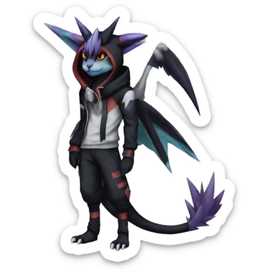 Cool Anthro Black Noivern-Absol-Litten-Pokémon with edgy stripes hoodie spiked collar punk Full Body sticker