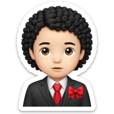 baby boy curly black hair in suit, with red bow sticker