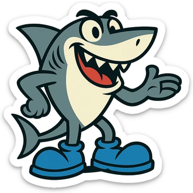 cartoonish shark character with exaggerated blue shoes, playful and bold sticker