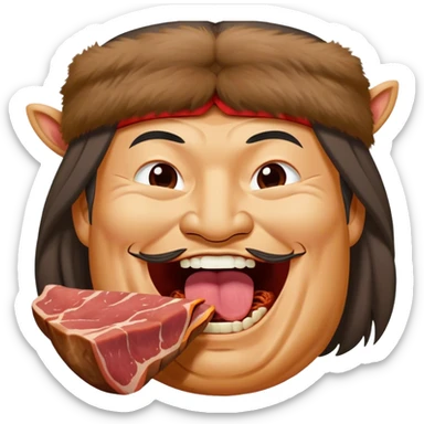 Genghis khan eats meat and laugh and looks happy sticker