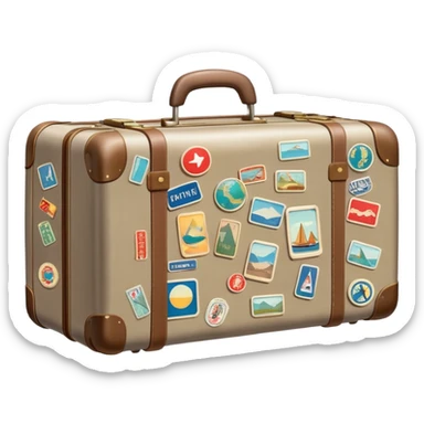 Suitcase with travel stickers, subdued colors, not vivid sticker