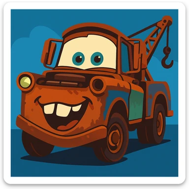 Mater from Cars, smiling, Pixar-inspired style sticker