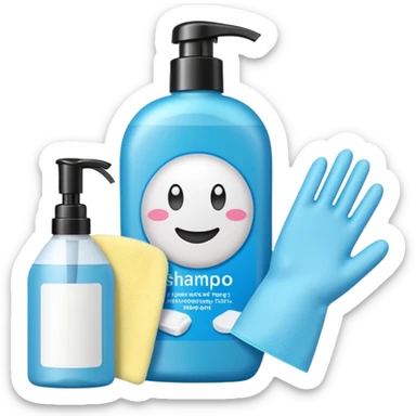 emoji of big (1L) bottle of shampoo, disposable gloves and cotton pads (for makeup) are standing on a table, products look like its always running out, add brand labels to them, make quantity bigger , and i want to see more disposable products, without faces sticker