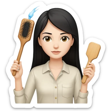 A white woman with long, straight black hair, wearing an ivory-colored shirt, holding a small square wooden paddle hairbrush in her left hand and spraying a hair mist bottle with her right hand toward her hair. sticker