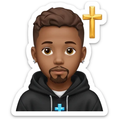 milk chocolate skinned young black boy with a low temp fade and a goatee in a black hoodie with 2 stars randomly on face with a cross earring in the left sticker