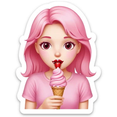 A girl in pink eating strawberry ice cream sticker