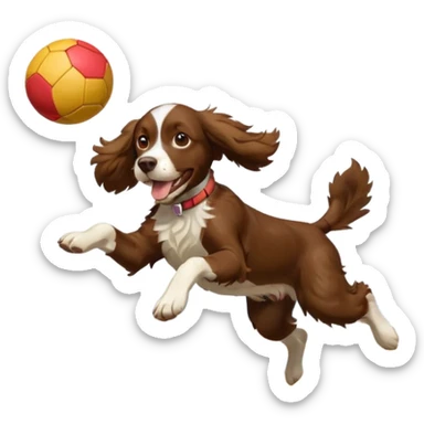 brown English springer spaniel jumping for joy on a Northumberland beach with a bag of balls sticker