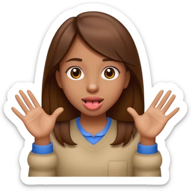 An emoji of a girl with brown eyes and hair holding two hands to her side and with her tongue out in between sticker