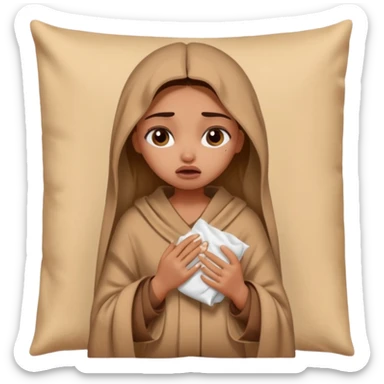 a pretty bratz fair indian girl wearing a brown pajamas and blnaket, dark circles, crying, holding tissues sticker