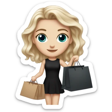 white girl with brown eyes and hair, holding shopping bags like hermes and chanel in short black dress sticker